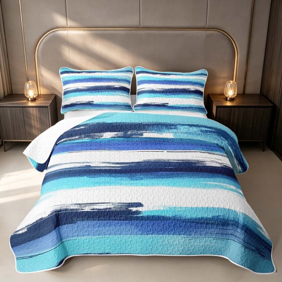 Erosebridal Modern Oil Painting Twin Quilt Set, Blue White Stripe Twin Coverlet Set, Navy Reversible 2 Pieces 1 Bedspread and 1 Pillowcase