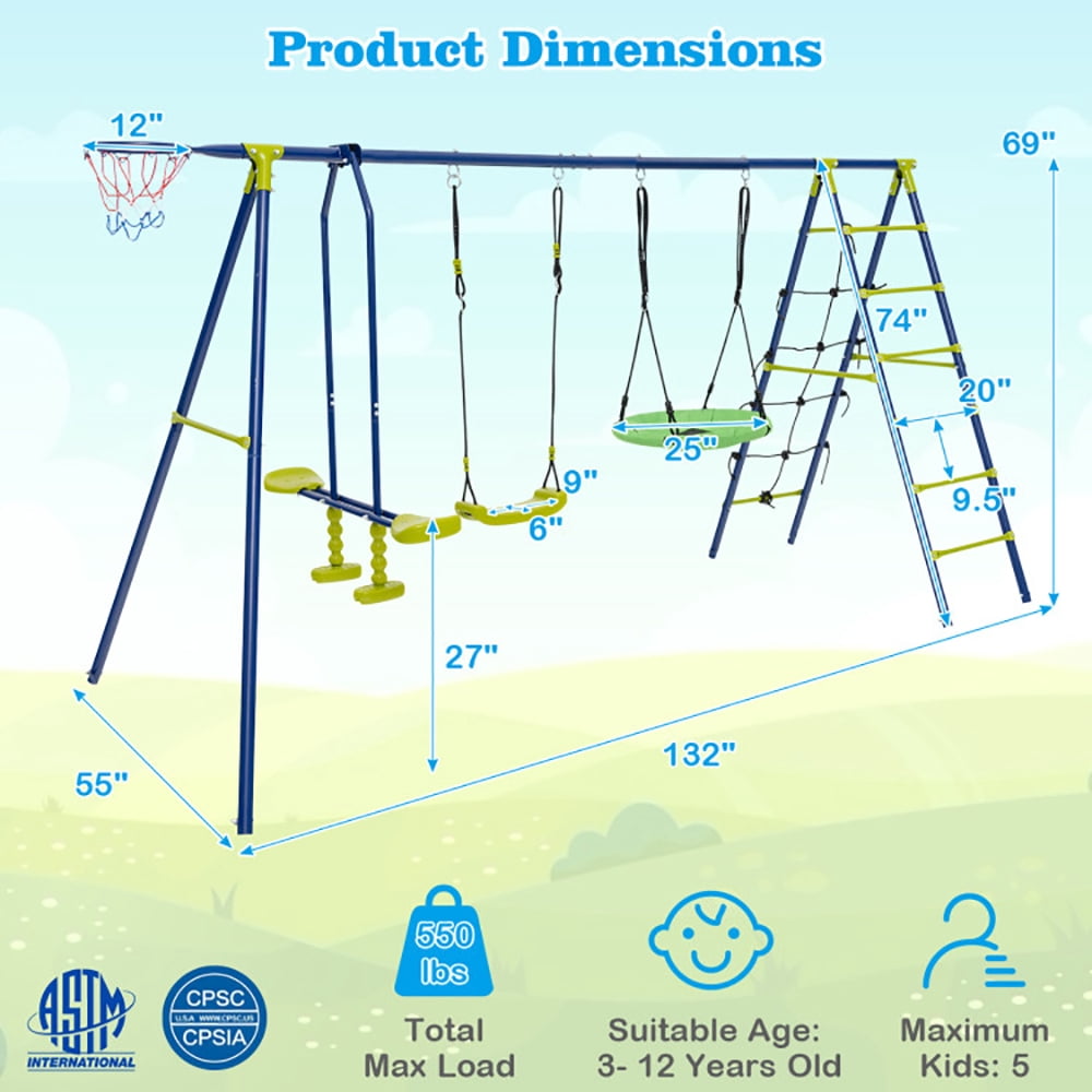 Spaco 550 LBS 6-in-1 Patio Kids Swing Set with Climbing Net and Ladder, Swing Set Outdoor for Kids, Kids Playground for Backyard, Green