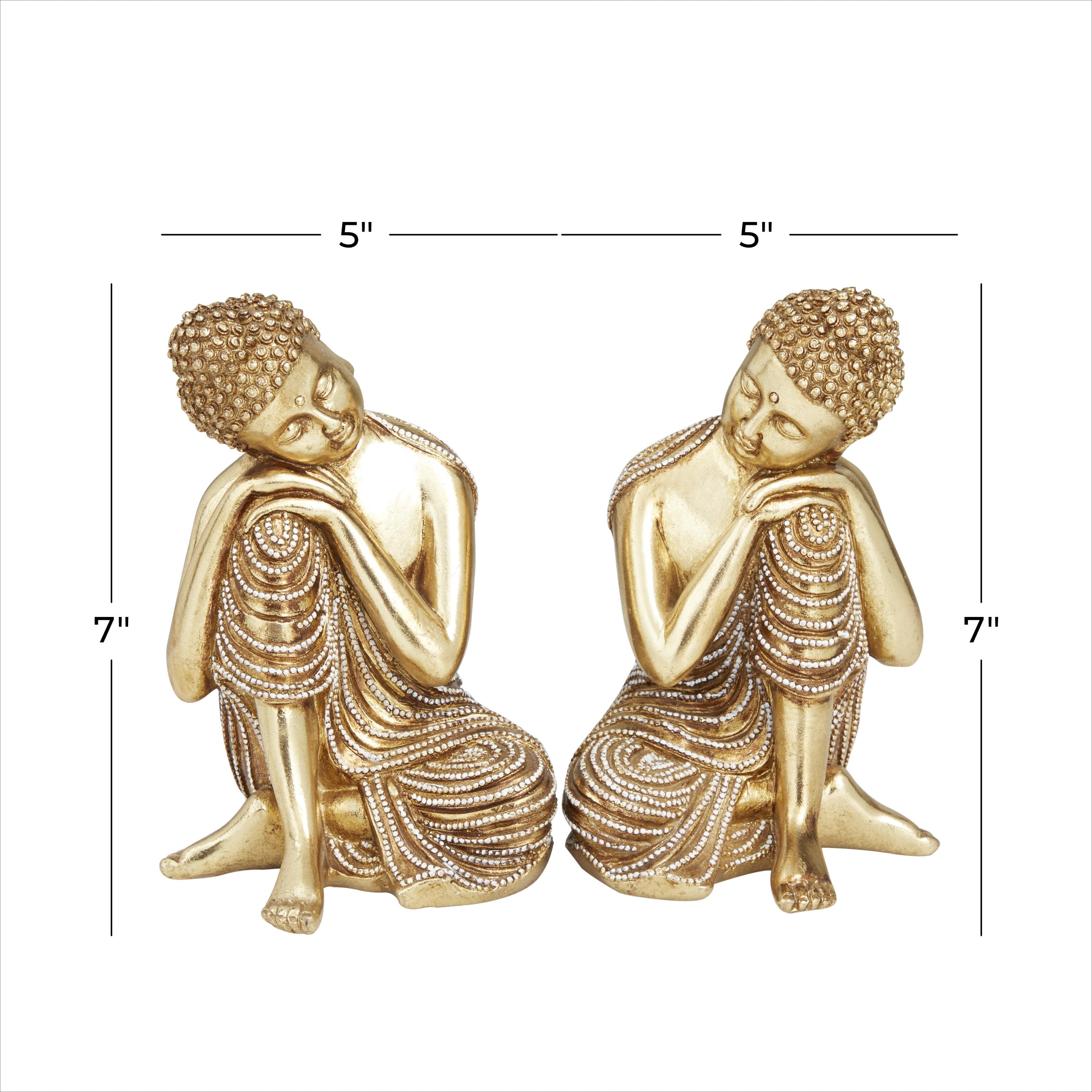 5"W, 7"H Gold Polystone Meditating Buddha Sculpture with Engraved Carvings and Relief Detailing, by DecMode (2 Count)