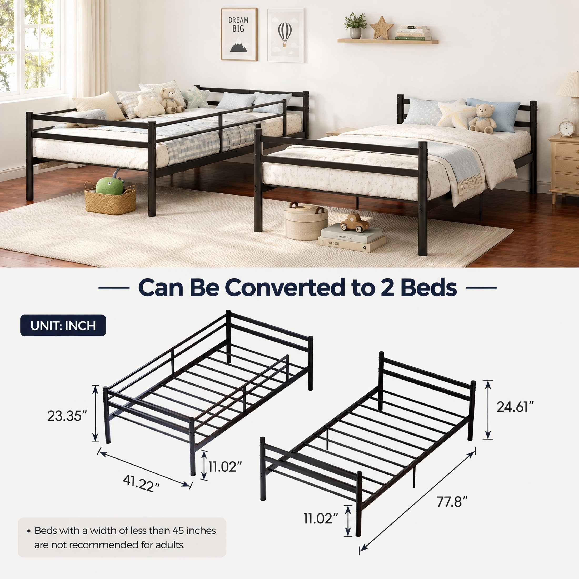 Aukfa Twin over Twin Metal Bunk Bed, Convertible Bunk Bed Frame Separates into 2 Twin Beds, Space-Saving, Black