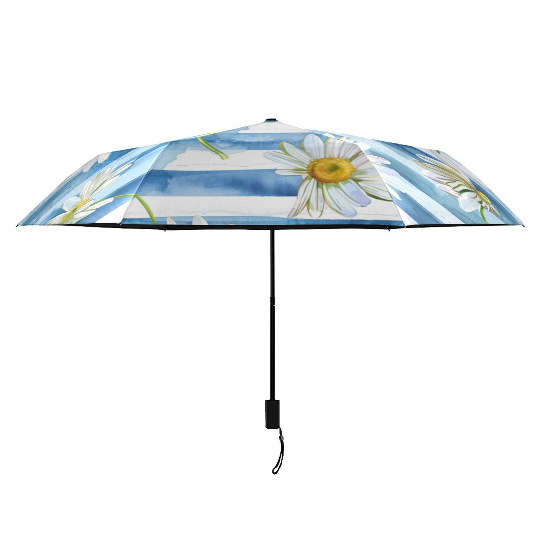 Daisy Flower on Blue White Stripes Compact Sun Umbrella Windproof Travel Umbrellas for Rain Strong Portable UV Protection
