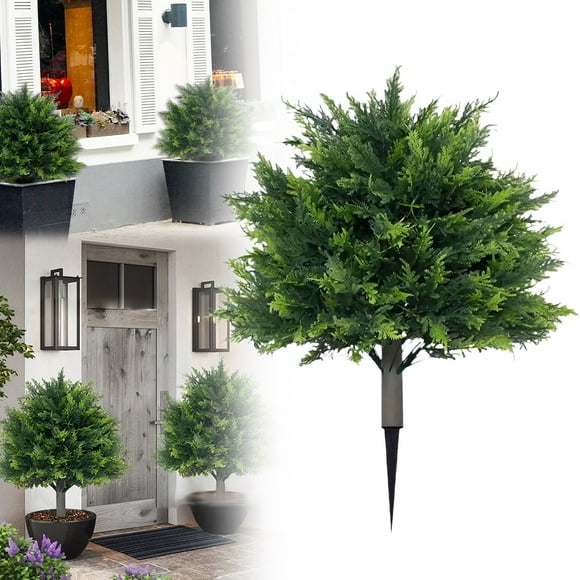 Artificial Cypress Topiary Outdoor Plants with Spike, 23.6 Inch Faux Cedar Bushes UV Resistant Fake Shrubs for Indoor Outdoor Front Porch Garden