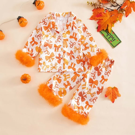 Hpapadks Kids Pajamas Girls Halloween Flannel Pajama Set Pumpkin Print Top and Pants Toddler Pjs Orange 6-12 Months