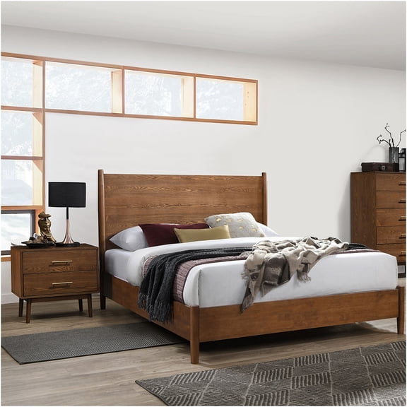 JERFIT Mid-Century Modern Queen Bedroom Set with 2 Nightstands, Walnut Finish Solid Wood Panel Headboard Bed, Vintage Style Furniture