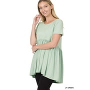 Zenana Women & Plus Round Neck Brushed DTY Short Sleeve Ruched Tunic Blouse Top