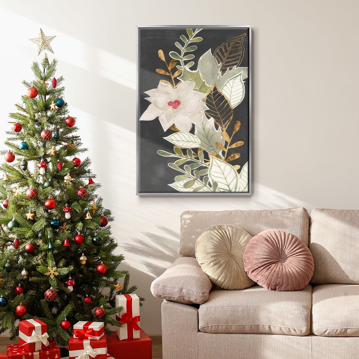 Gilded Christmas Collection B - Framed Gallery Wrapped Holiday Canvas - 25 x 37 - Silver Frame