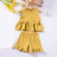 thumbnail image 2 of CHEEREAM Toddler Girl Summer Clothes Baby Solid Linen Outfit Bows Ruffle Tank Tops Shirts + Ruffled Short Set, 2 of 9