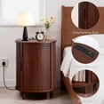 thumbnail image 4 of Round End Table with Charging Station, Fluted Nightstand with Sliding Door & Adjustable Shelf, Mid Century Side Table, Walnut, 4 of 4