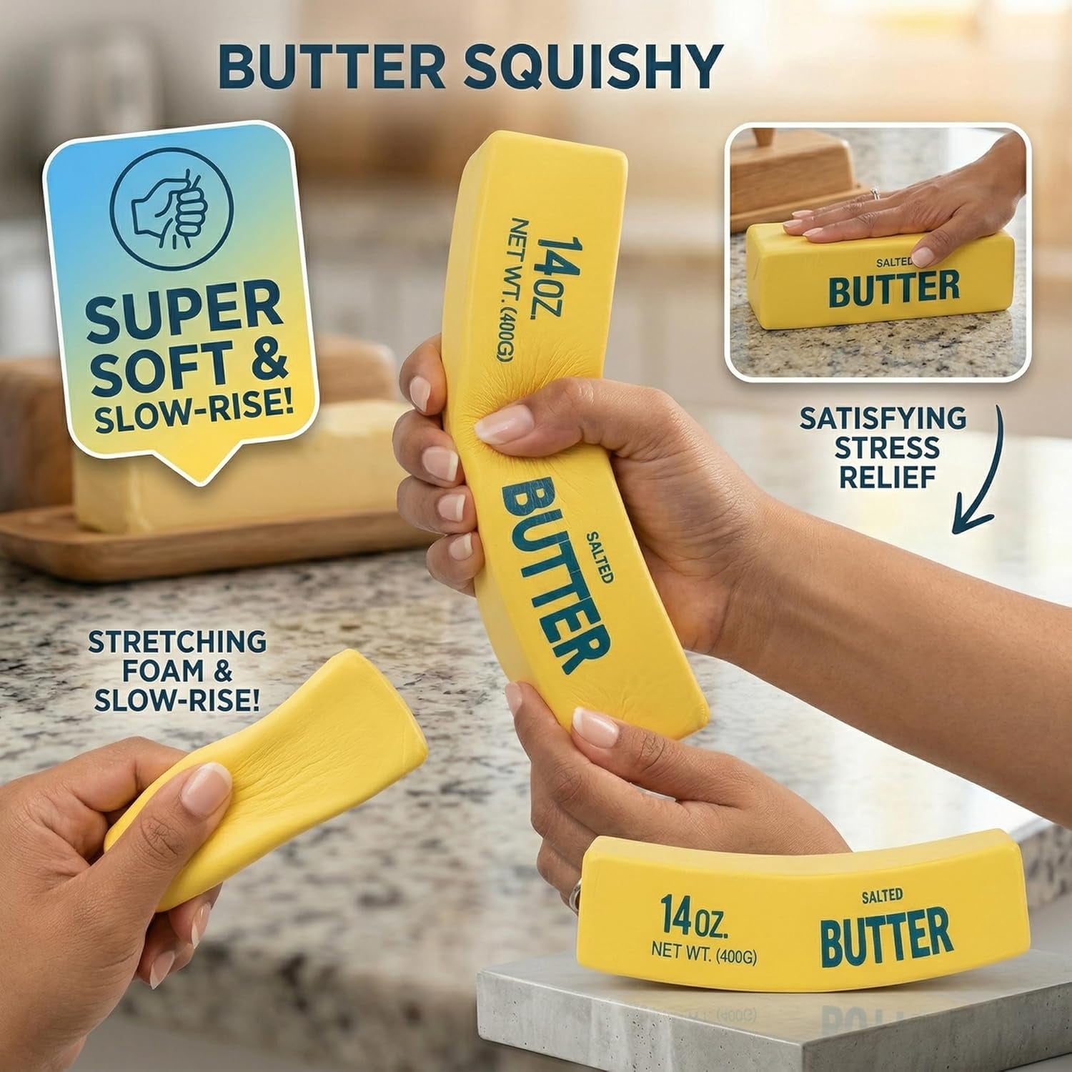 Big Butter Squishy, Giant Squishies Butter 14OZ, Jumbo Slow Rising Squeeze, Large Soft PU Foam Fidget for Anxiety & Sensory Stress Relief 9.8 Inch (Big-Yllow Butter 1 Pack)