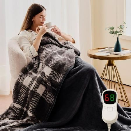 Heated Electric Blanket Queen Size - 84"x90" Flannel Heating Blanket with 10 Heating Levels & 5 Time Settings Over-Heat Protection(Grey)