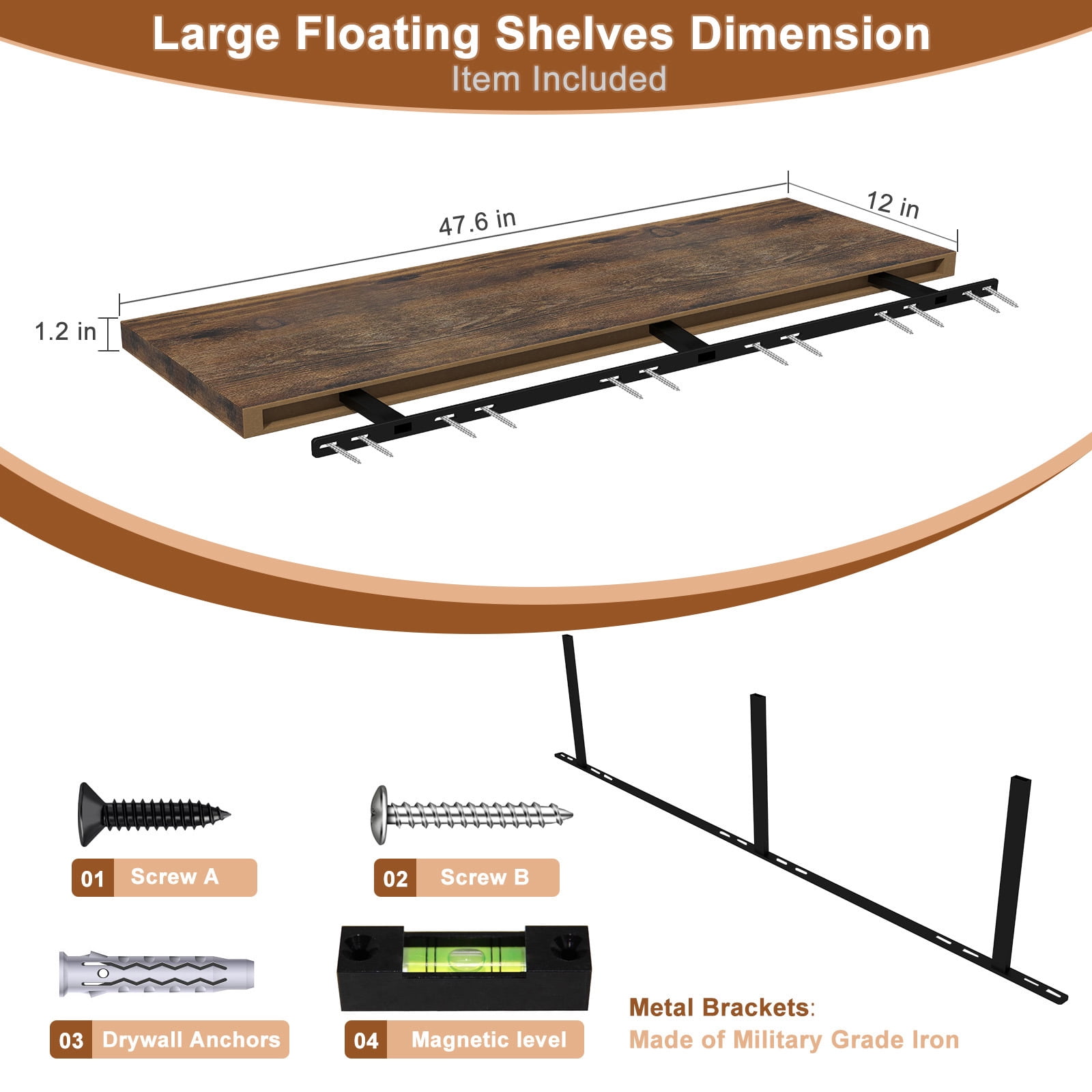 LANDMOK 12 Inch Deep Floating Shelf, 48 x12 Inch Large Wall Mounted Shelf for Kitchen, Bathroom, Living Room, Rustic Brown (1 Pack)