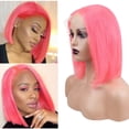 thumbnail image 1 of Pink Bob Wigs 13x4 Lace Front Human Hair Wigs Straight Brazilian Virgin Hair Pre Plucked Hairline Bleached Knots Unprocessed Wig for Women 12inch, 1 of 5