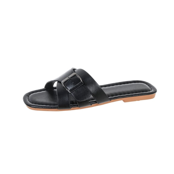 HNMKIU Women Sandals Fashion Slide Style with Buckle Strap Comfortable Thick Sole Flat Summer Slides for Women Outdoor Casual Wear Beach Shoes Black,5
