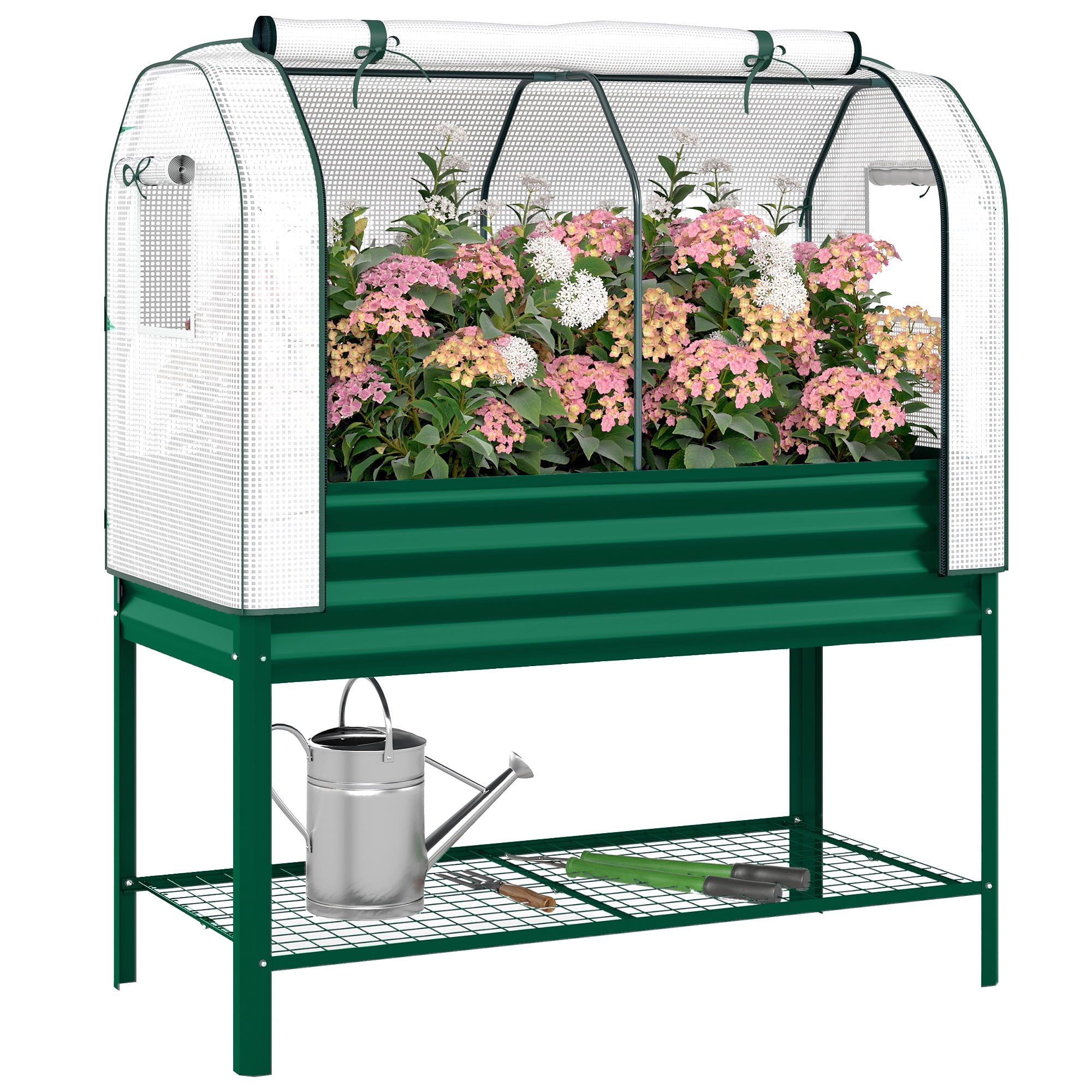 Outsunny Galvanised Raised Garden Bed with Greenhouse Cover, Metal Elevated Garden Bed with Bed Liner and Bottom Shelf, Green