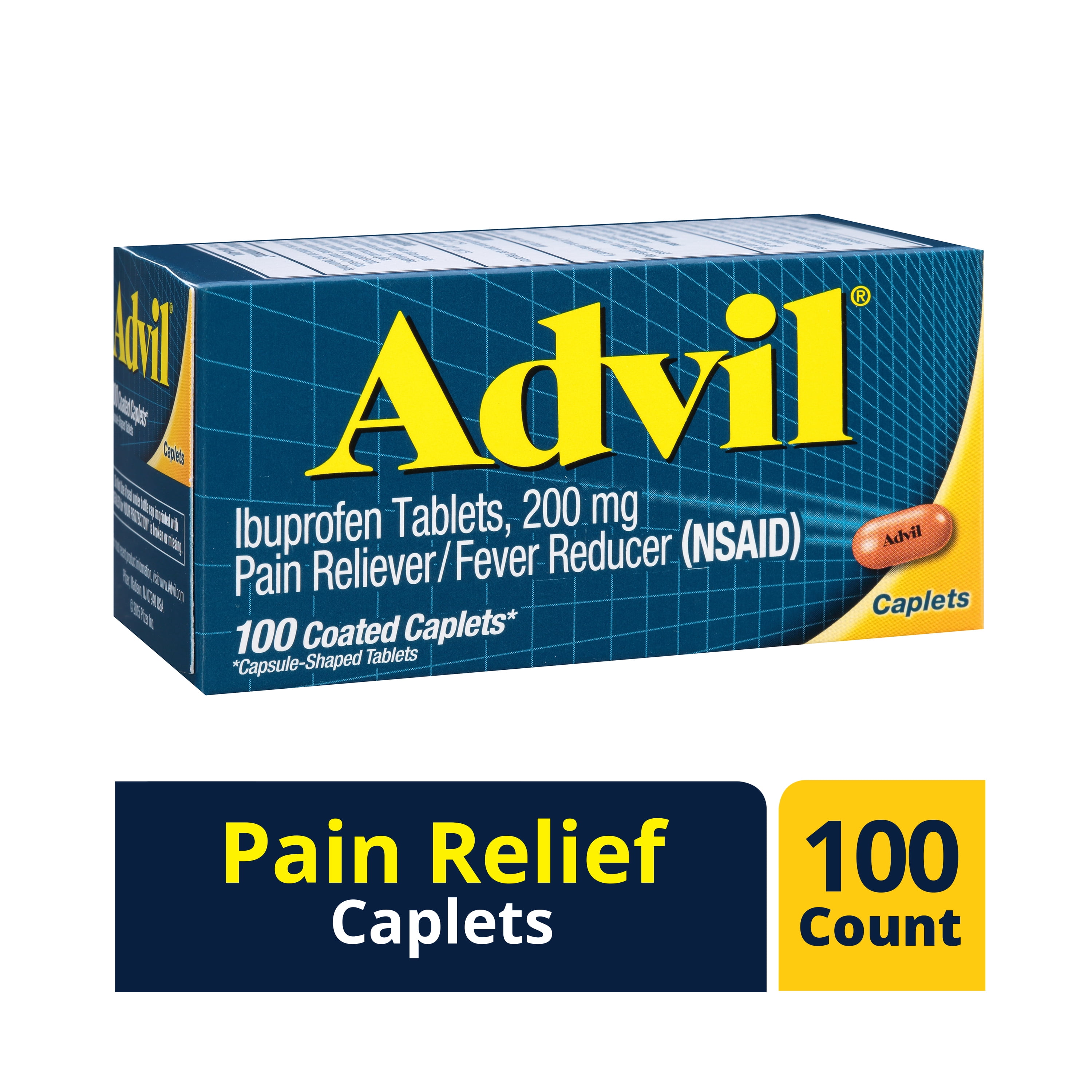 Advil Coated Caplets Pain Reliever and Fever Reducer, Ibuprofen 200mg, 100 Count, FastActing