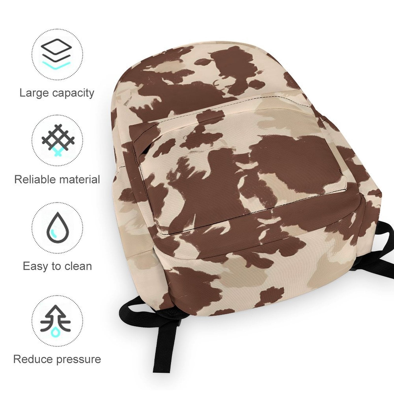 Large Capacity Half Print Backpack 11.8×16.5×5.9in Multifunctional Zipper Design Convenient Switch Brown Cow Pattern