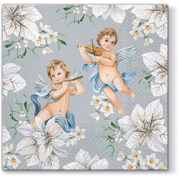 Angels in Flowers Silver - Decorative Lunch Paper Napkins 40pcs - Perfect for Decoupage, Party, Birthday, Special Occasions, Weddings, Christmas, Church Gathering