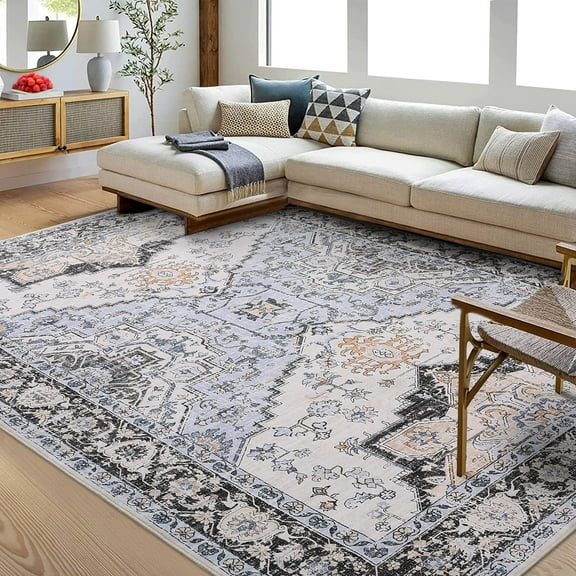 FairOnly Grey Blue 5'x7'Low Pile Vintage Floral Printed Area Rug for Living Room Non Slip Stain Resistant Distressed Soft Home Decor Carpet for Bedroom Kitchen