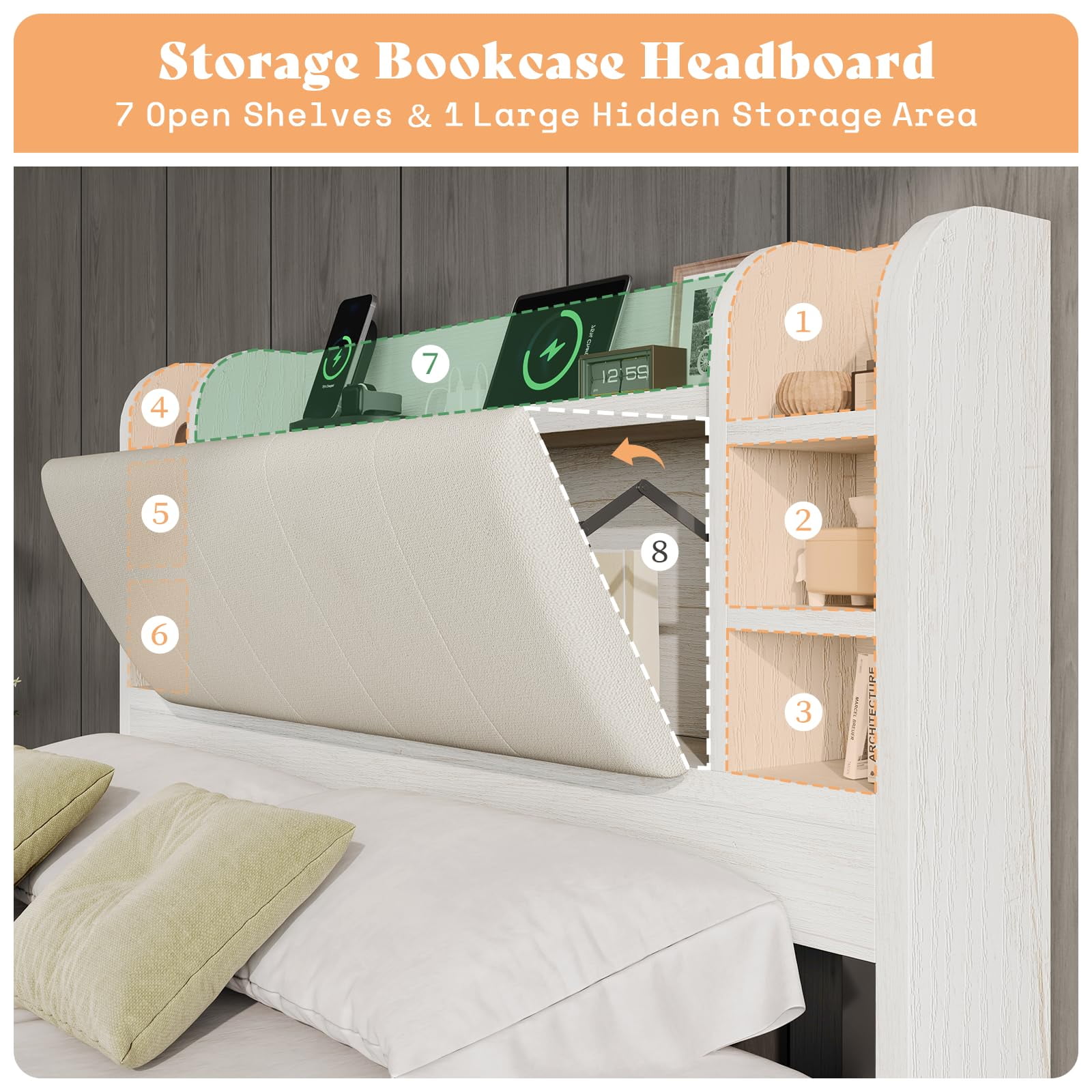 Amerlife Queen Size Bed Frame with Drawers,Upholstered Bookcase Headboard and Charging Station,White