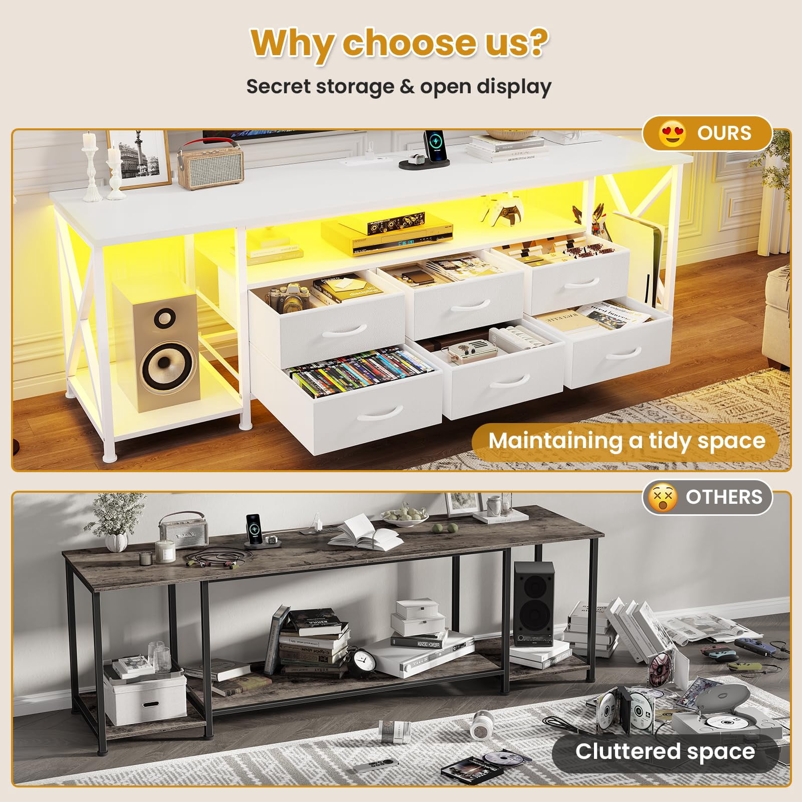 Afuhokles 63" TV Stand for 80 Inches TV, Entertainment Center with LED Lights and Power Outlets, 6 Fabric Drawers, White