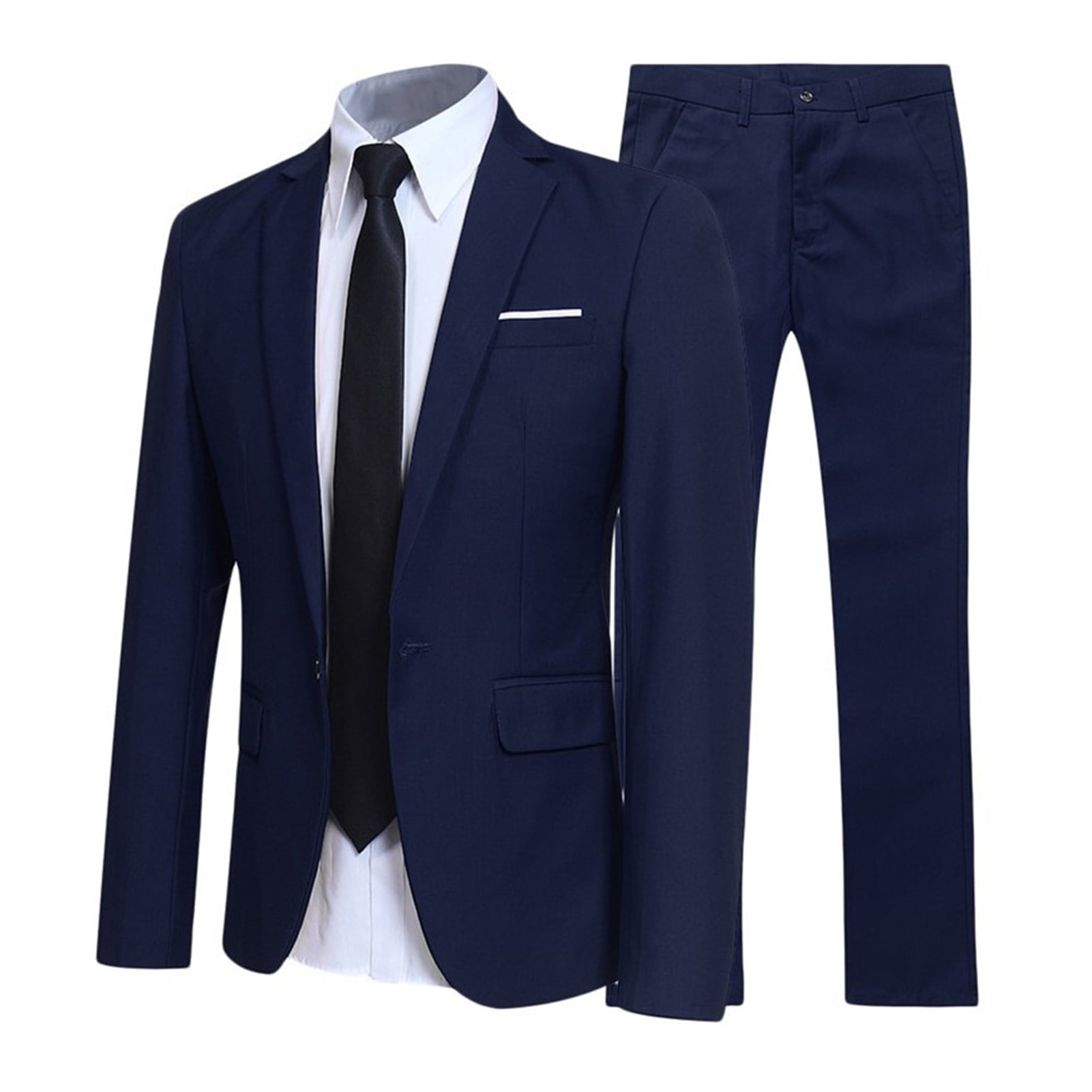 QCTime Men Suit Set Lapel Formal Stylish Buttons Pockets Blazer for Dating Navy Blue M