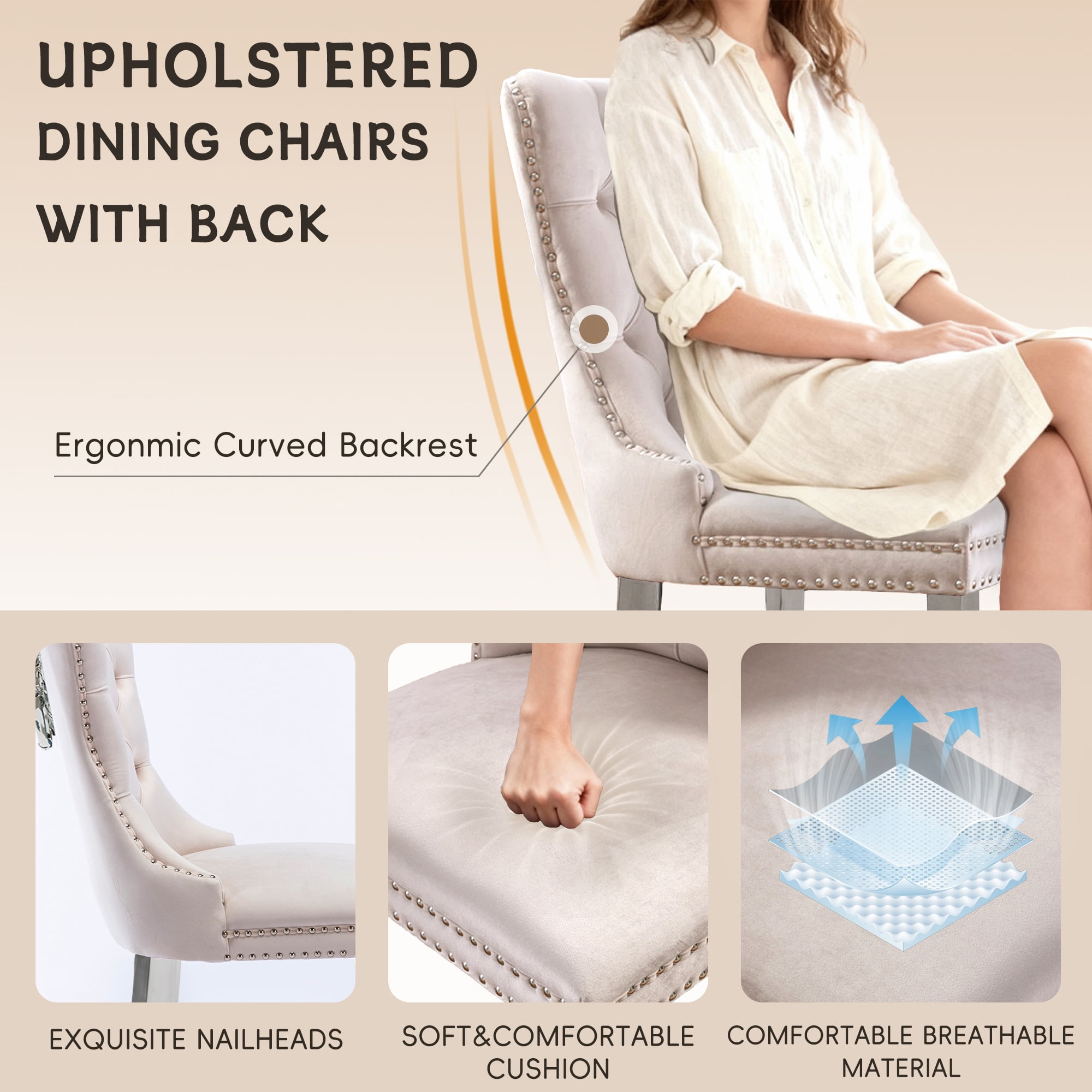 DONICK Velvet Upholstered Dining Chairs,Wing Back Side Chair Tuft Nailhead Ring Pull Metal Legs(Beige,Silver Legs,Set of 2)