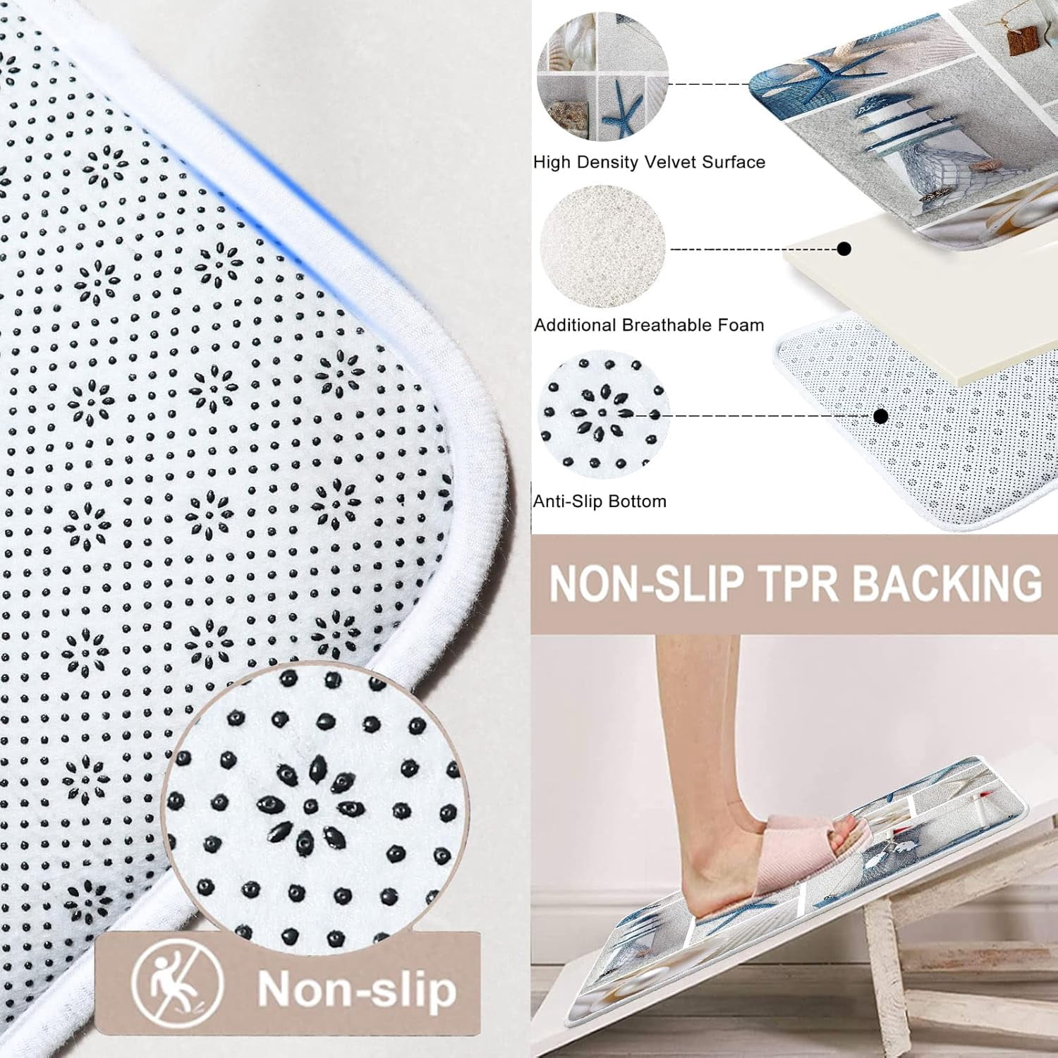 4 Pcs Shower Curtain Set Starfish Seashells Wooden Nautical Sand Beach Shell Sea Blue with Non-Slip Rugs Toilet Lid Cover and Bath Mat Bathroom Decor Set 72" x 72"