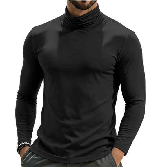 TOUMENY Men High Neck Top Long Sleeve Slim Fit Solid Casual Sweater Pullover Cotton Fashion Breathable Quick Dry Winter Sweater Black L
