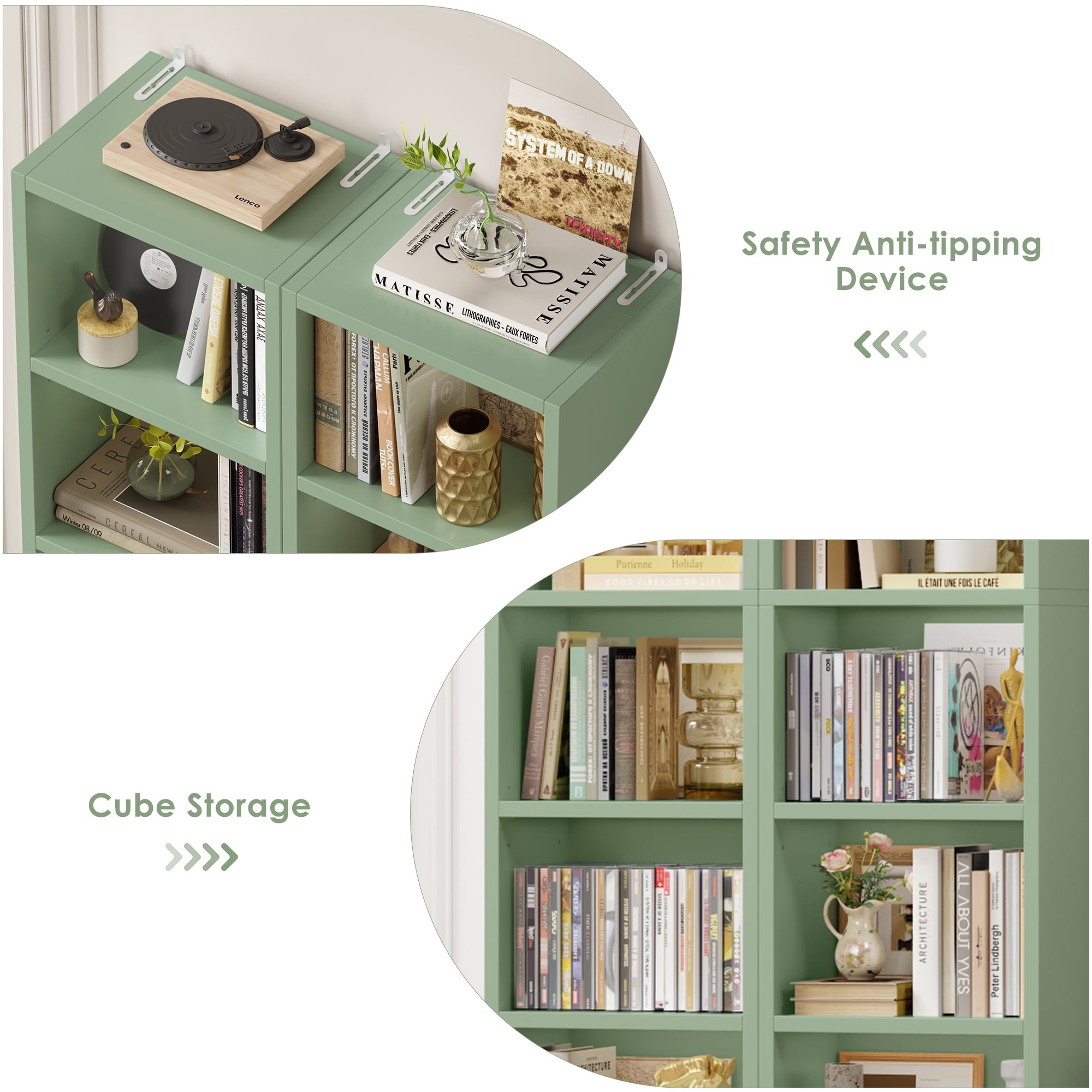 Homfa 8-Tier Wood Bookcase, 71'' Tall Storage Cube Organizer with Adjustable Shelves, 2PCS, Green