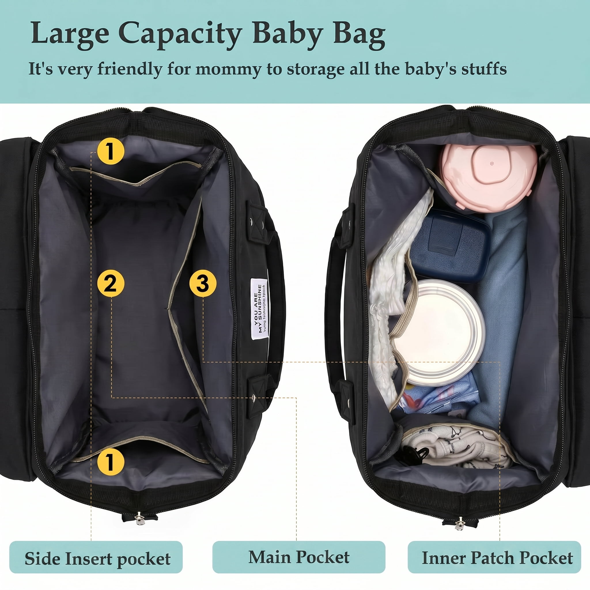 Diaper Bag Backpack with Changing Station, Waterproof Large Capacity Travel Baby Bag for Mom Dad, USB Charging Port, Baby Shower Gifts, Black