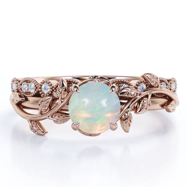 JeenMata Anillo Nupcial con Diseño de Hoja de Rama de Moissanita y Ópalo de Fuego Redondo de 0,65 Quilates Engastado en Solitario con Garras en Baño de Oro Rosa de 18 K sobre Plata