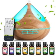Noahstrong 500ml Essential Oil Diffuser with 8*10ml Essential Oils Set, Woodgrain Aromatherapy Diffusers with Remote Control, Fragrance Oil Air Humidifier Vaporizer for Large Room Bedroom Office