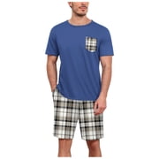 GDREDA Birthday Pajamas Men's Summer Short Sleeved Shorts Pajamas Set Round Neck Short Sleeved Plaid Shorts Two Piece T Shirt With Chest Pocket Pajamas Home Wear Set Pajama & Loungewear Black,M