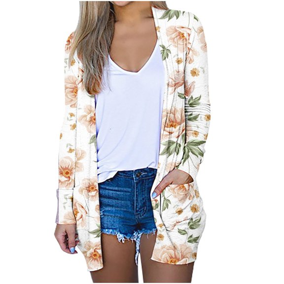 ShomPort Cardigans for Women Fall Lightweight Cover up Casual Floral Print Tops Open Front Cardigan with Pocket
