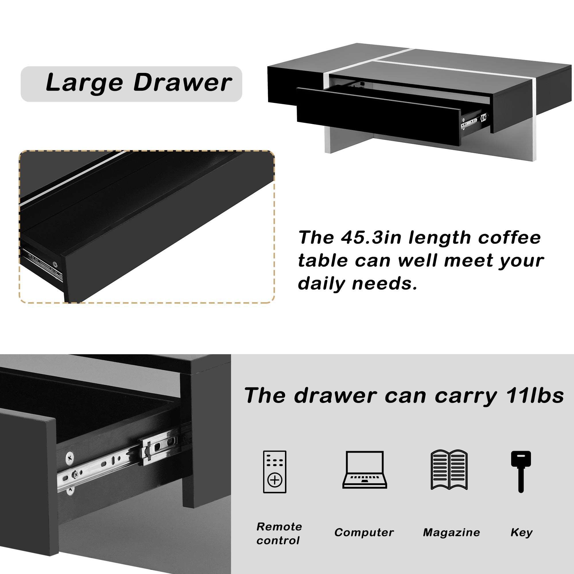 Aukfa Rectangle Coffee Table with Storage Compartment - Living Room Furniture - Black