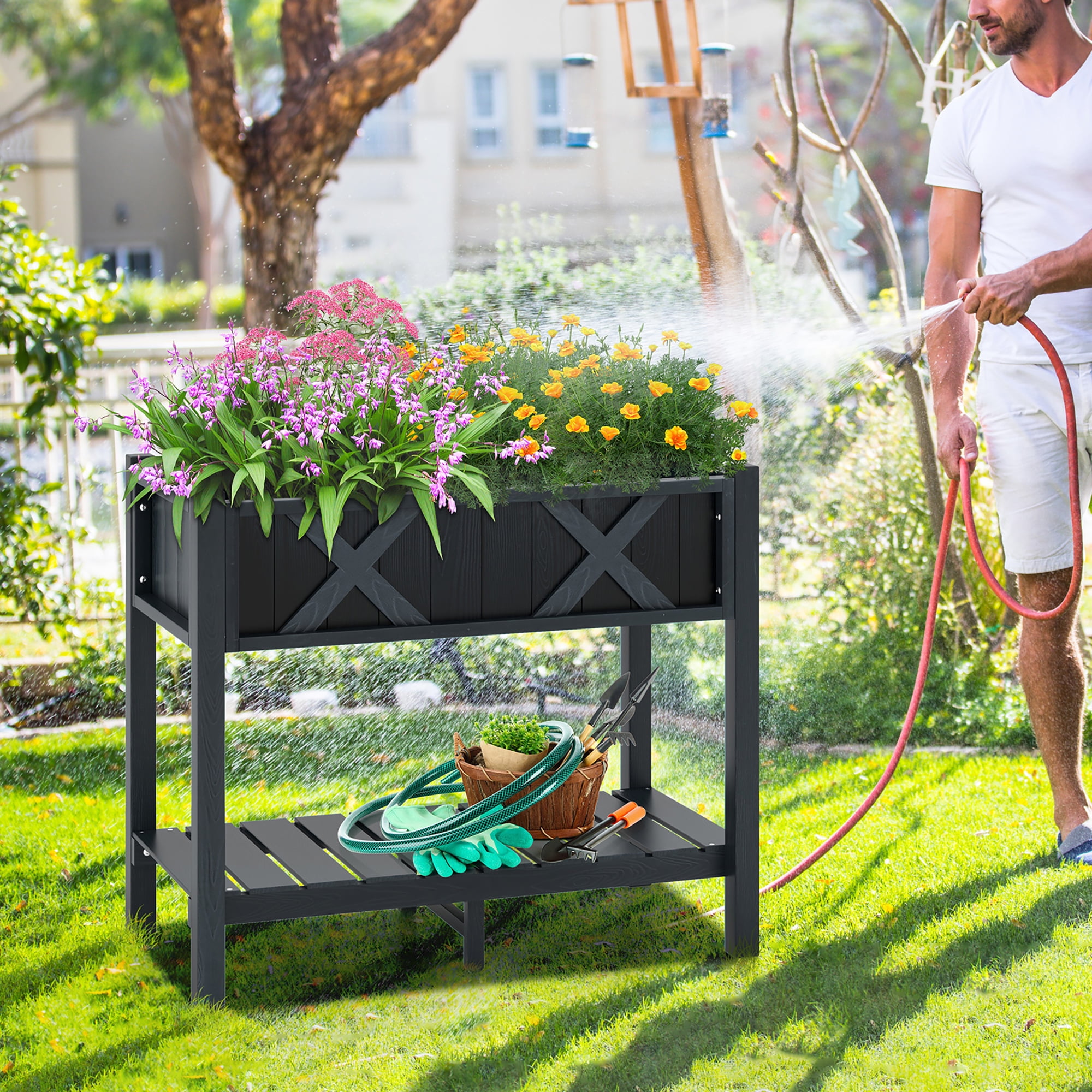 Gymax HIPS Raised Garden Bed Poly Wood Elevated Planter Box w/ Legs & Storage Shelf Black
