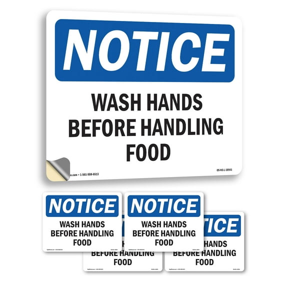 Wash Hands Before Handling Food OSHA Notice Vinyl Decal Label 5 Inch x 3.5 Inch - 5 Pack