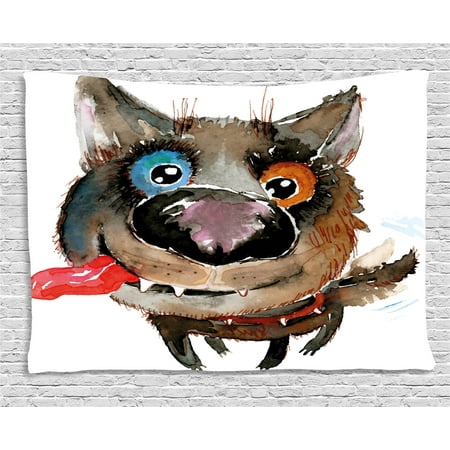 Animal Tapestry, Funny Dog Puppy Smiling Best Companion Happy Creature Humor Grunge Print, Wall Hanging for Bedroom Living Room Dorm Decor, 60W X 40L Inches, Cocoa Red Orange Blue, by