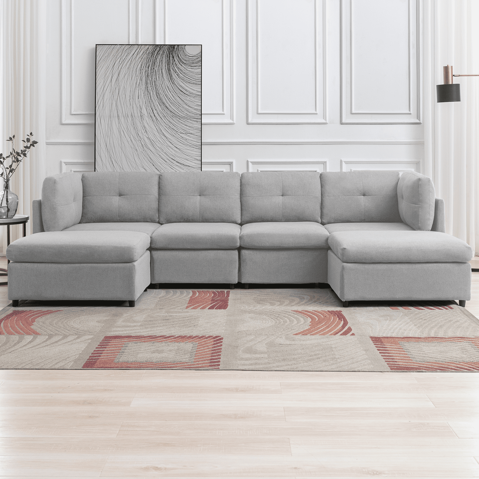 MUZZ Sectional Sofa, Modern Convertible Linen Sofa Couch, 118'' Sectional Sofa with Ottomans and Tufted Back Cushion, 6-Seater Sectional Couch for Living Room/Apartment(Dark Grey)