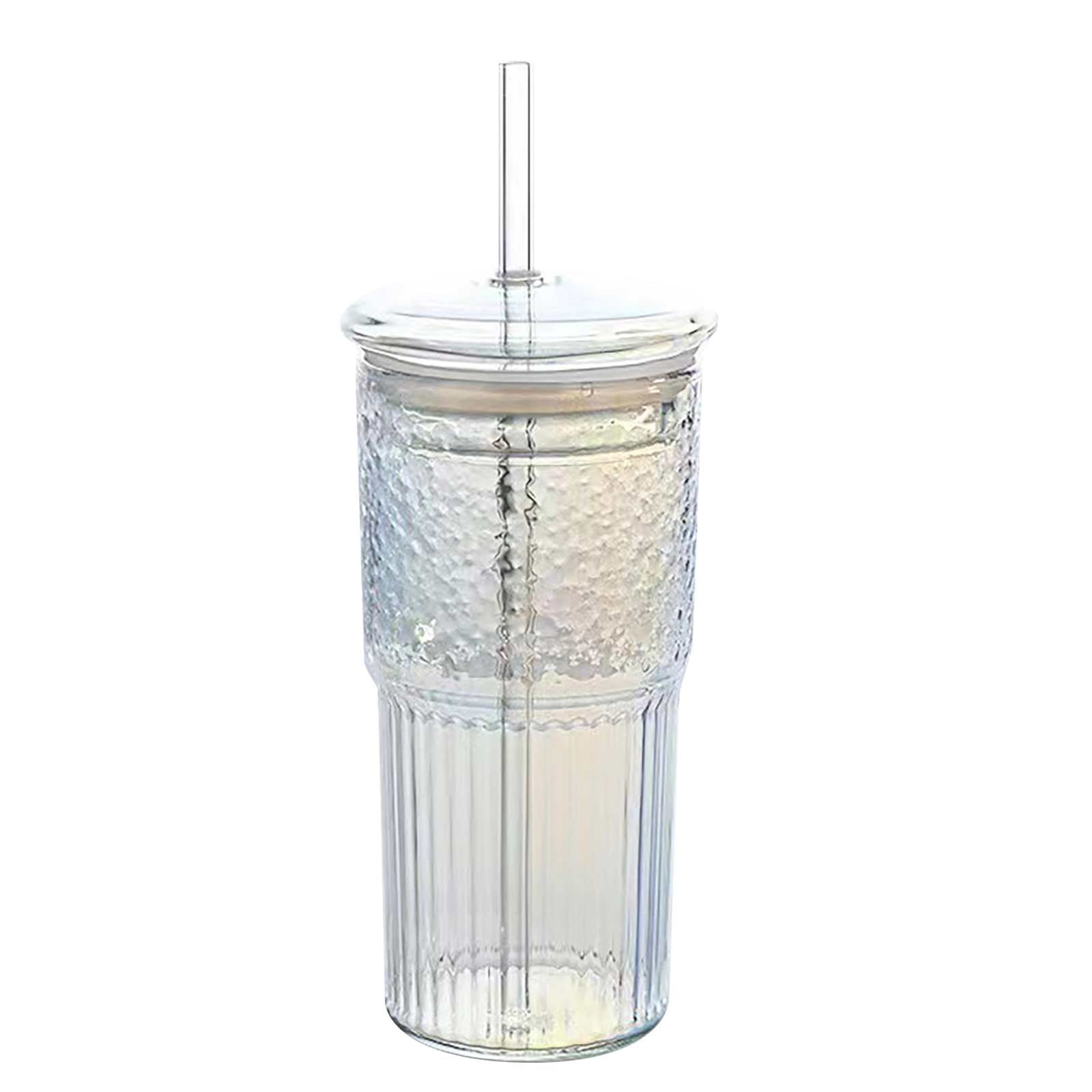 Clearance! Glass Cups With Drinking Tube And Lids 1Pcs 20oz Glass Cups Drinking Jar Clear Iced Coffee Cups Vintage Ripple Glassware For Water Coffee Tea Clear E