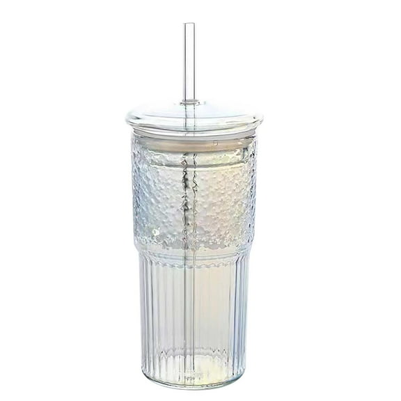 Aonity Glass   Lid   Straw， Glass Cups with Drinking Tube and Lids 1Pcs 20Oz Glass Cups Drinking Jar Iced Coffee Cups Vintage Ripple Glassware for Water Coffee Tea