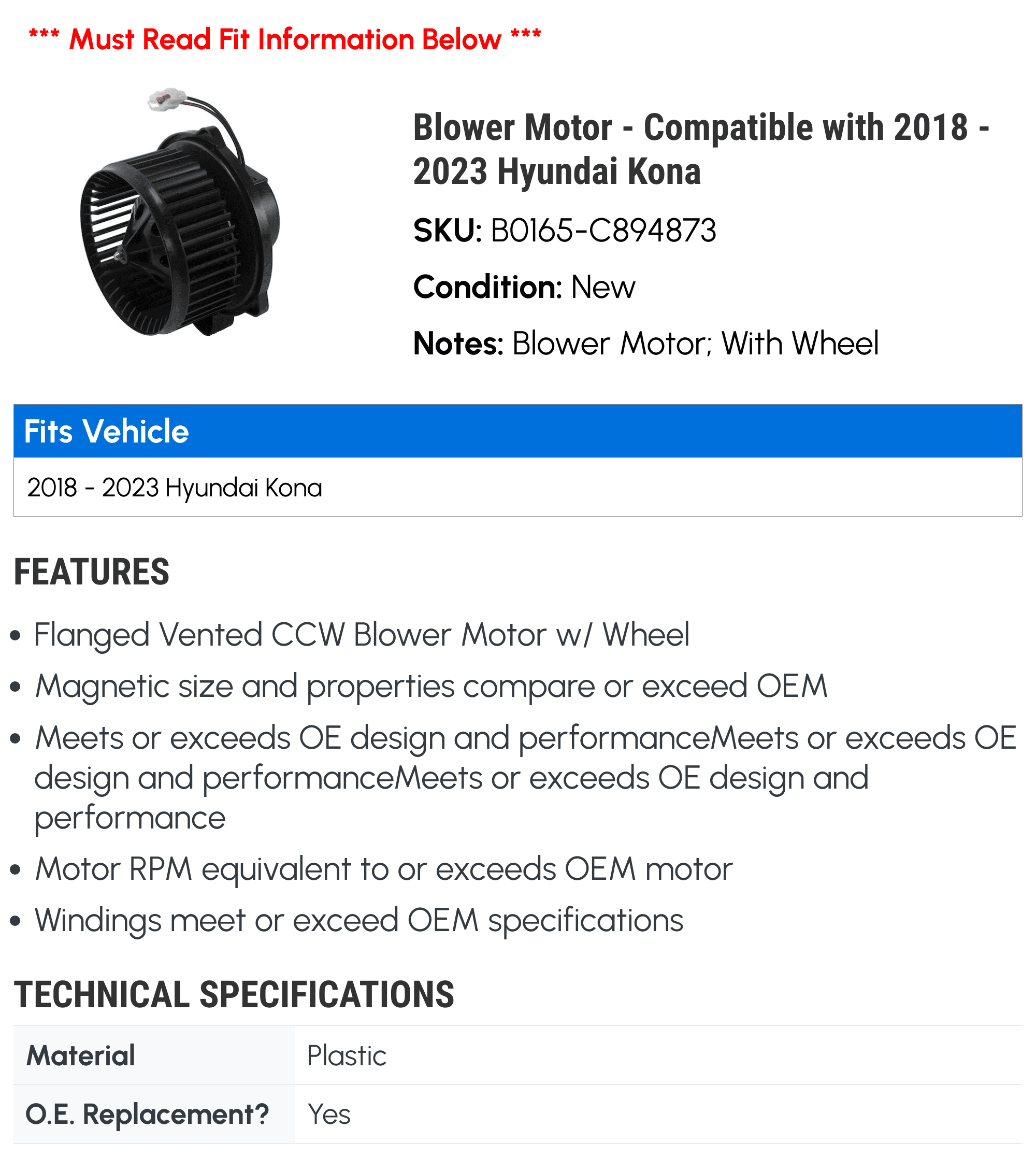Blower Motor - Compatible with 2018 - 2023 Hyundai Kona 2019 2020 2021 2022