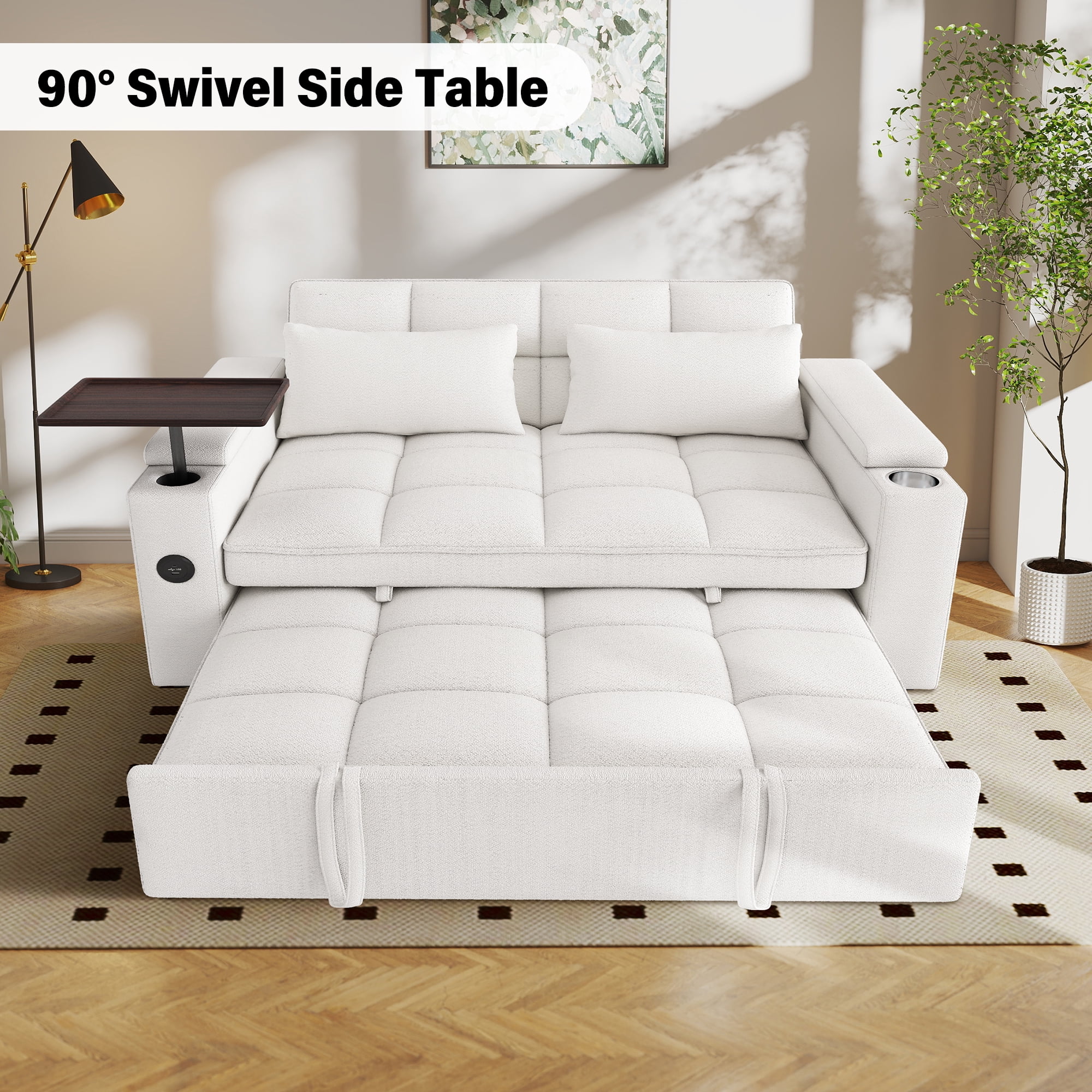 Aukfa 65"W Convertible 3-in-1 Sofa Bed with Storage, Queen Chenille Sleeper Couch with USB/Type-C Ports & Rotating Side Table,Beige