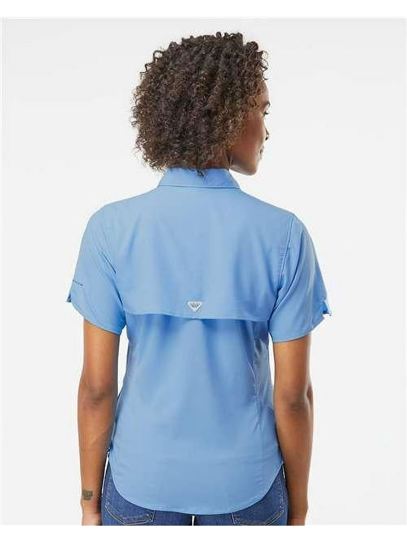 Columbia Women's PFG Tamiami Short Sleeve Shirt in White Cap Blue