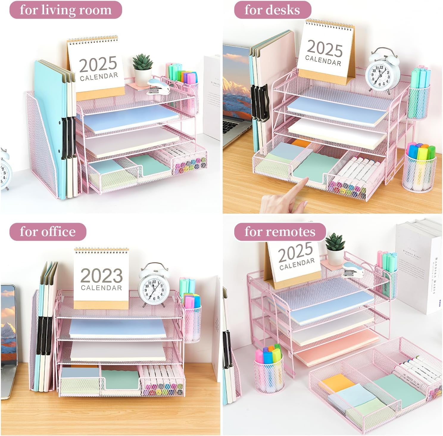 Desk Organizers and Accessories with File Holder, 4-Tier Desk Accessories & Workspace Organizers with Drawer and 2 Pen Holder, Paper Organizer for Office Supplies (Pink)