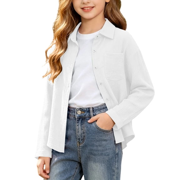 OGLCCG Girls Button Down Shirts Long Sleeve Cotton Gauze Tops Loose Fit Casual Lapel Collared Blouses with Chest Pocket 3-14 Years
