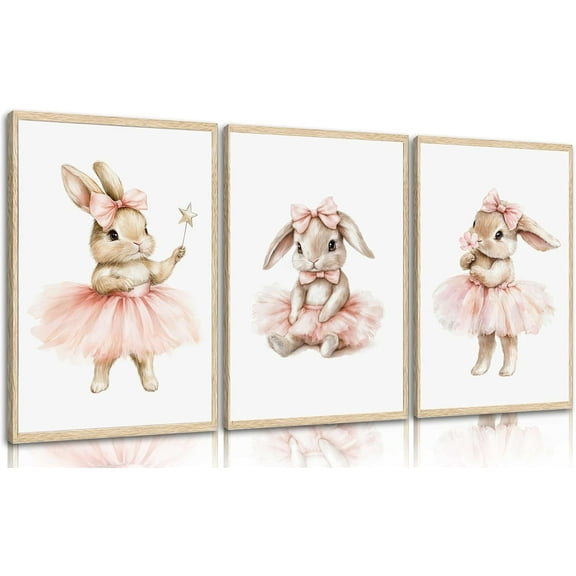 Hieng Pink Bunny Wall Hieng Ballet Bunny Wall Decor Cute Nursery Posters Pink Little Baby Girls Nursery Canvas Painting Animal Prints for Baby Girl Bedroom, Kids Room Decor