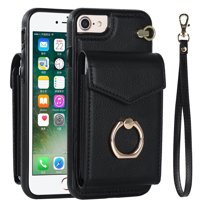 Mantto Wallet Case for iPhone 7 / iPhone 8 / iPhone SE 2020/2022, Card Slots Bag Magnetic Finger Ring Holder Kickstand Case with PU Leather Shockproof RFID Blocking Wrist Strap Handbag Cover,Black