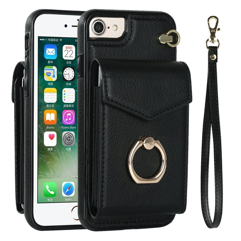 Feishell Wallet / iPhone Holder Slots Kickstand Finger Leather PU 7 Glossy iPhone / Case Blocking Strap Magnetic 2020/2022 for SE RFID Card Ring Cover,Black Handbag Case, Wrist 8 iPhone