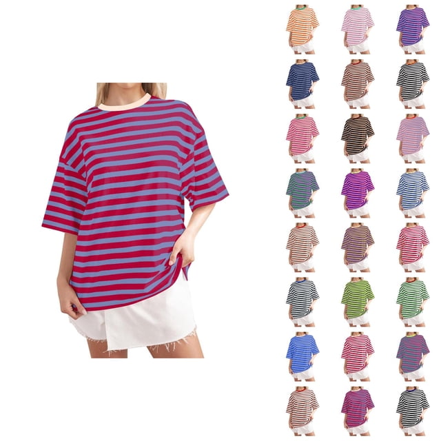 T-shirt Rayé pour Femmes 2026 Été Tendance Manches Courtes Col Rond Confortable Léger